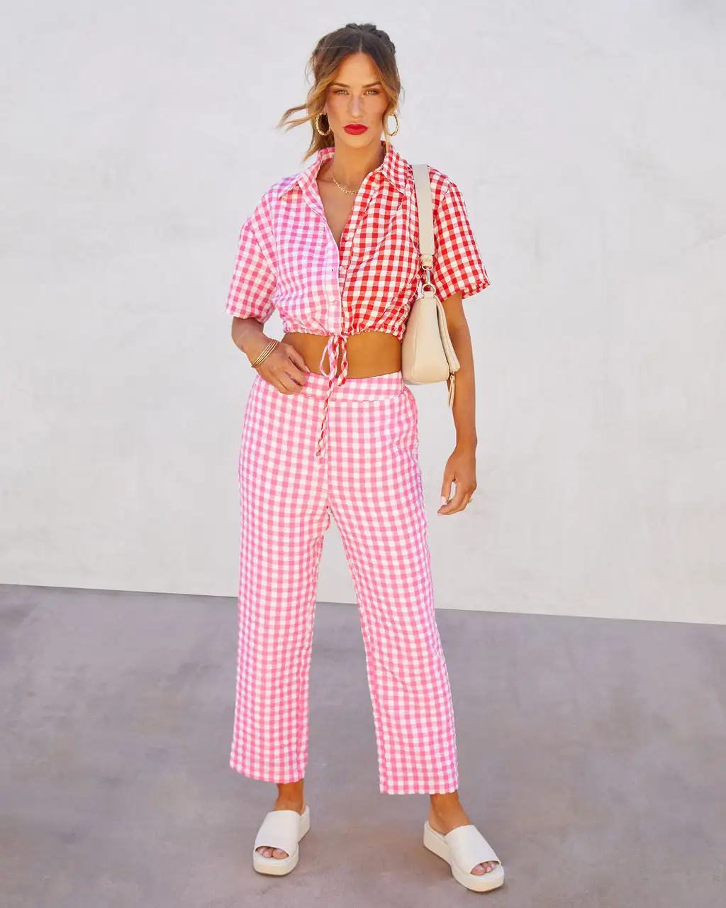 DEE-001 Kamala Gingham Textured Crop Top - Pink/Red 5 DEE-001 Kamala Gingham Textured Crop Top - Pink/Red - Image 5