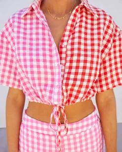 DEE-001 Kamala Gingham Textured Crop Top - Pink/Red 9 DEE-001 Kamala Gingham Textured Crop Top - Pink/Red -clothes Sales Kamalaginghamtexturedtwopiecepink8300311