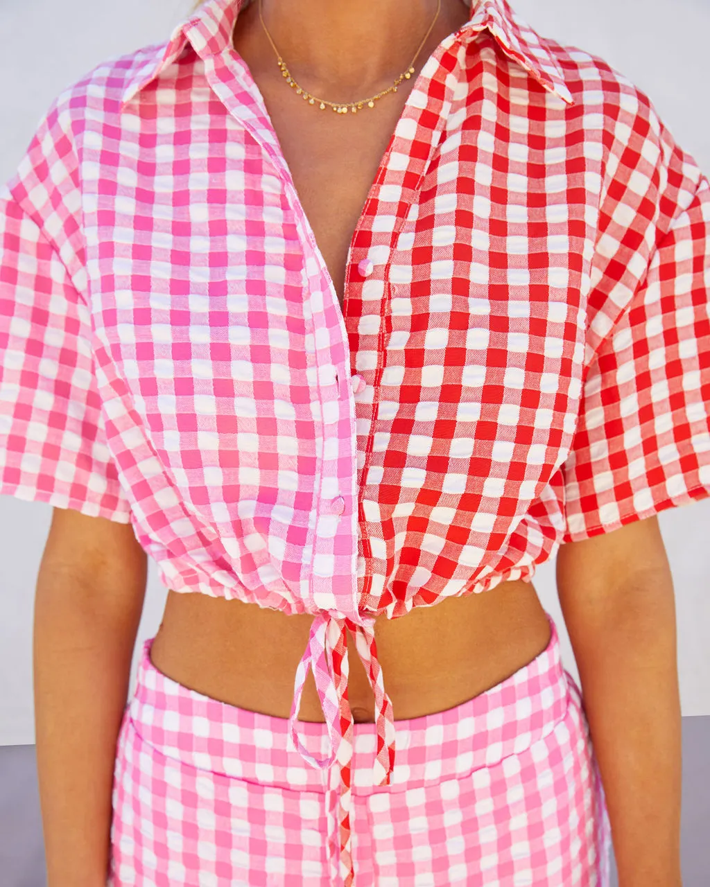DEE-001 Kamala Gingham Textured Crop Top - Pink/Red 3 DEE-001 Kamala Gingham Textured Crop Top - Pink/Red - Image 3