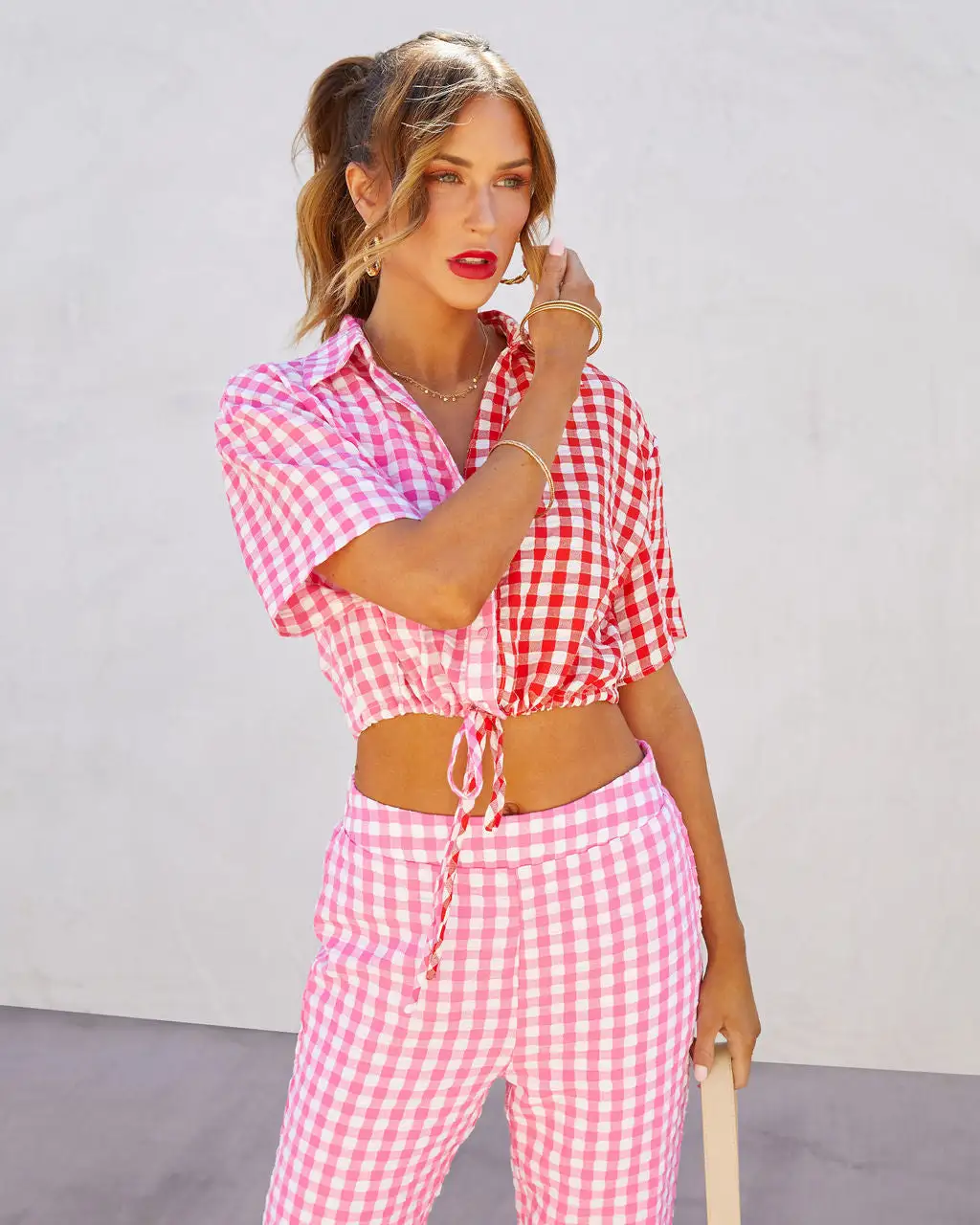 DEE-001 Kamala Gingham Textured Crop Top - Pink/Red 6 DEE-001 Kamala Gingham Textured Crop Top - Pink/Red - Image 6