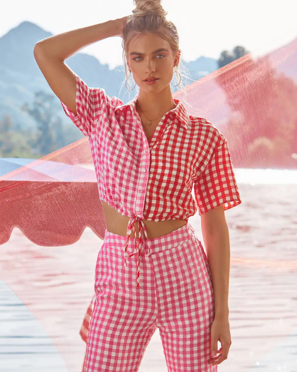 DEE-001 Kamala Gingham Textured Crop Top - Pink/Red 1 DEE-001 Kamala Gingham Textured Crop Top - Pink/Red