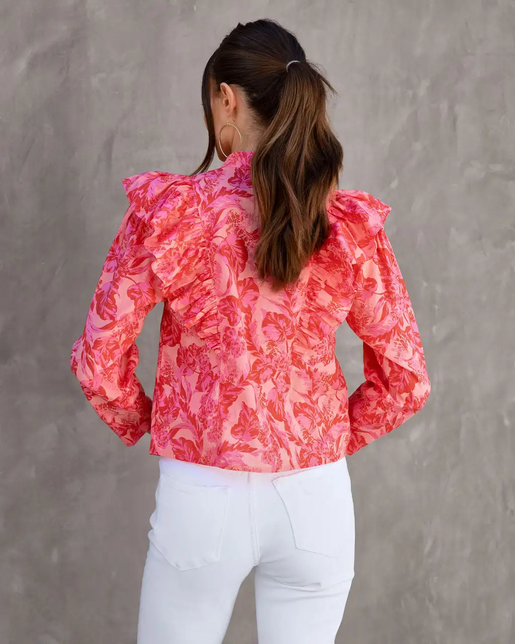 Kamila Floral Cotton Ruffle Button Down Top - Pink/Orange - FINAL SALE 4 Kamila Floral Cotton Ruffle Button Down Top - Pink/Orange - FINAL SALE - Image 4