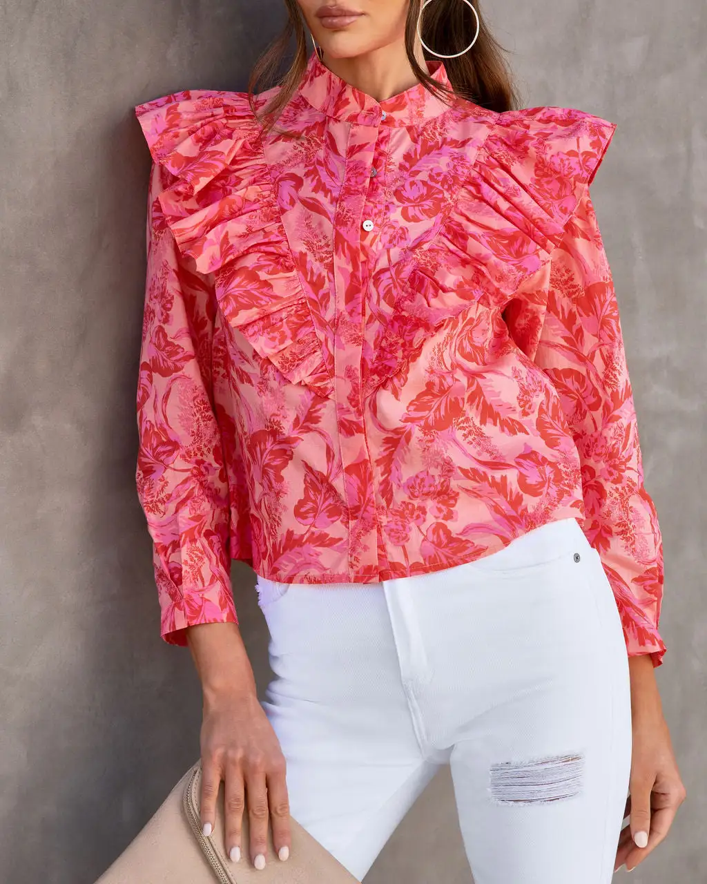 Kamila Floral Cotton Ruffle Button Down Top - Pink/Orange - FINAL SALE 2 Kamila Floral Cotton Ruffle Button Down Top - Pink/Orange - FINAL SALE - Image 2