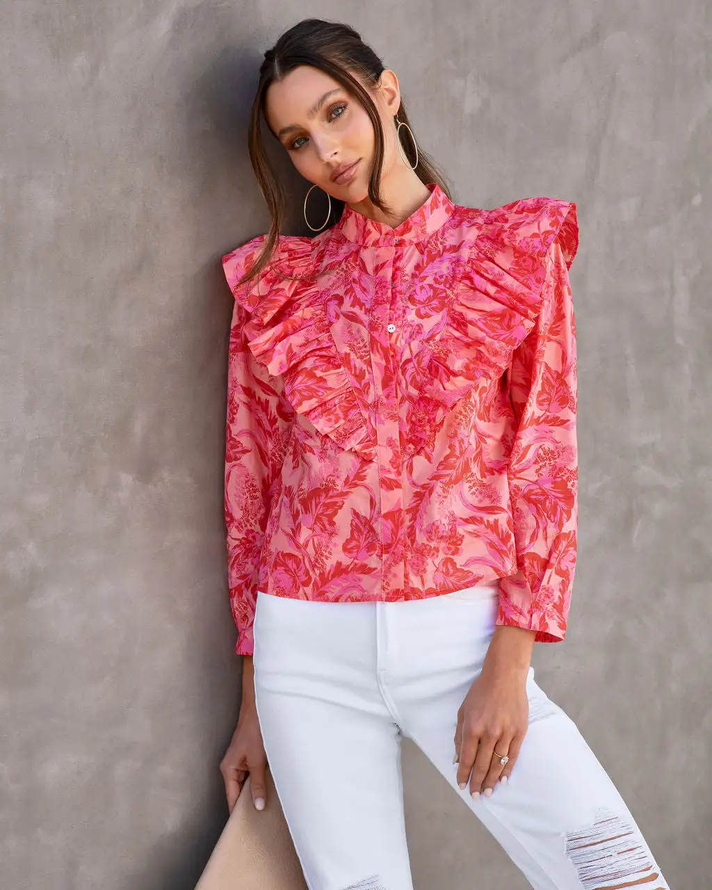 Kamila Floral Cotton Ruffle Button Down Top - Pink/Orange - FINAL SALE 1 Kamila Floral Cotton Ruffle Button Down Top - Pink/Orange - FINAL SALE