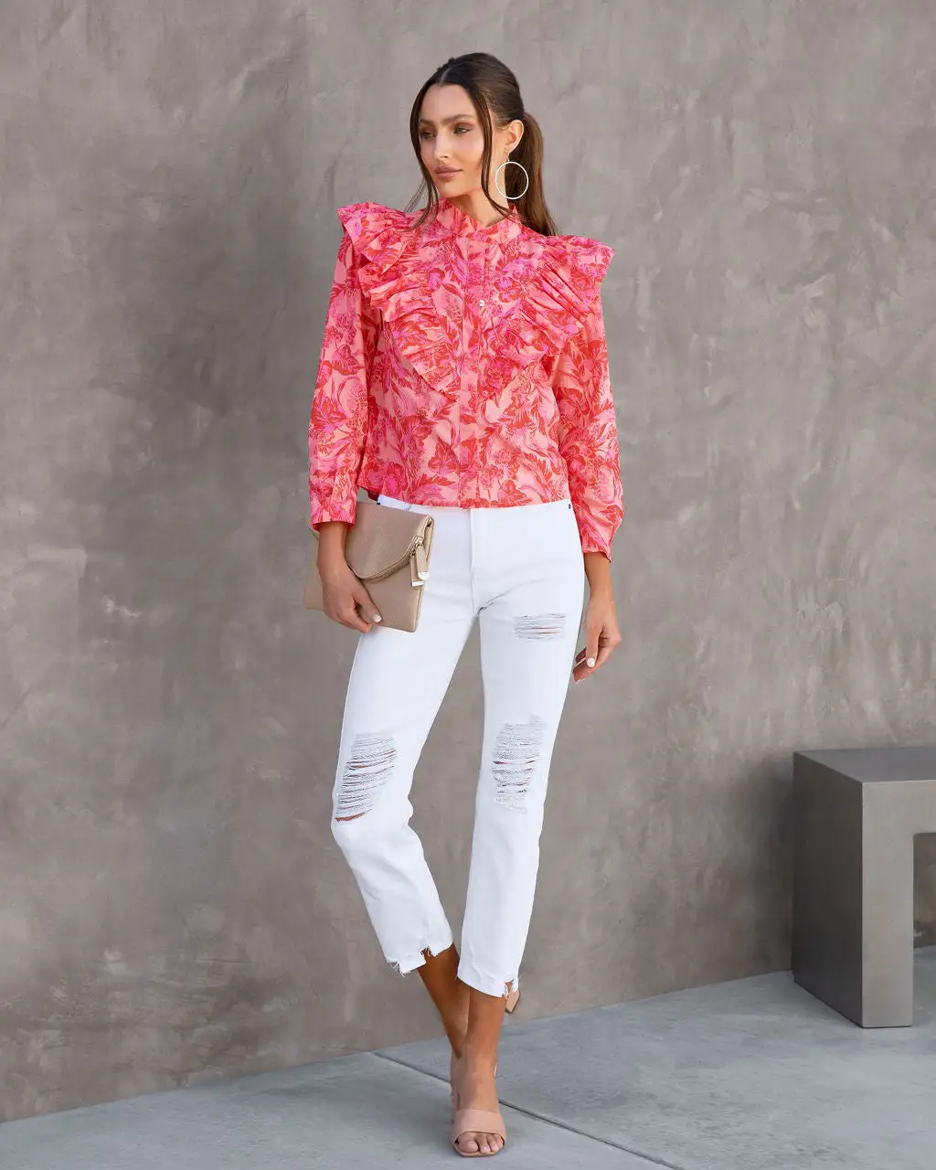 Kamila Floral Cotton Ruffle Button Down Top - Pink/Orange - FINAL SALE 6 Kamila Floral Cotton Ruffle Button Down Top - Pink/Orange - FINAL SALE - Image 6