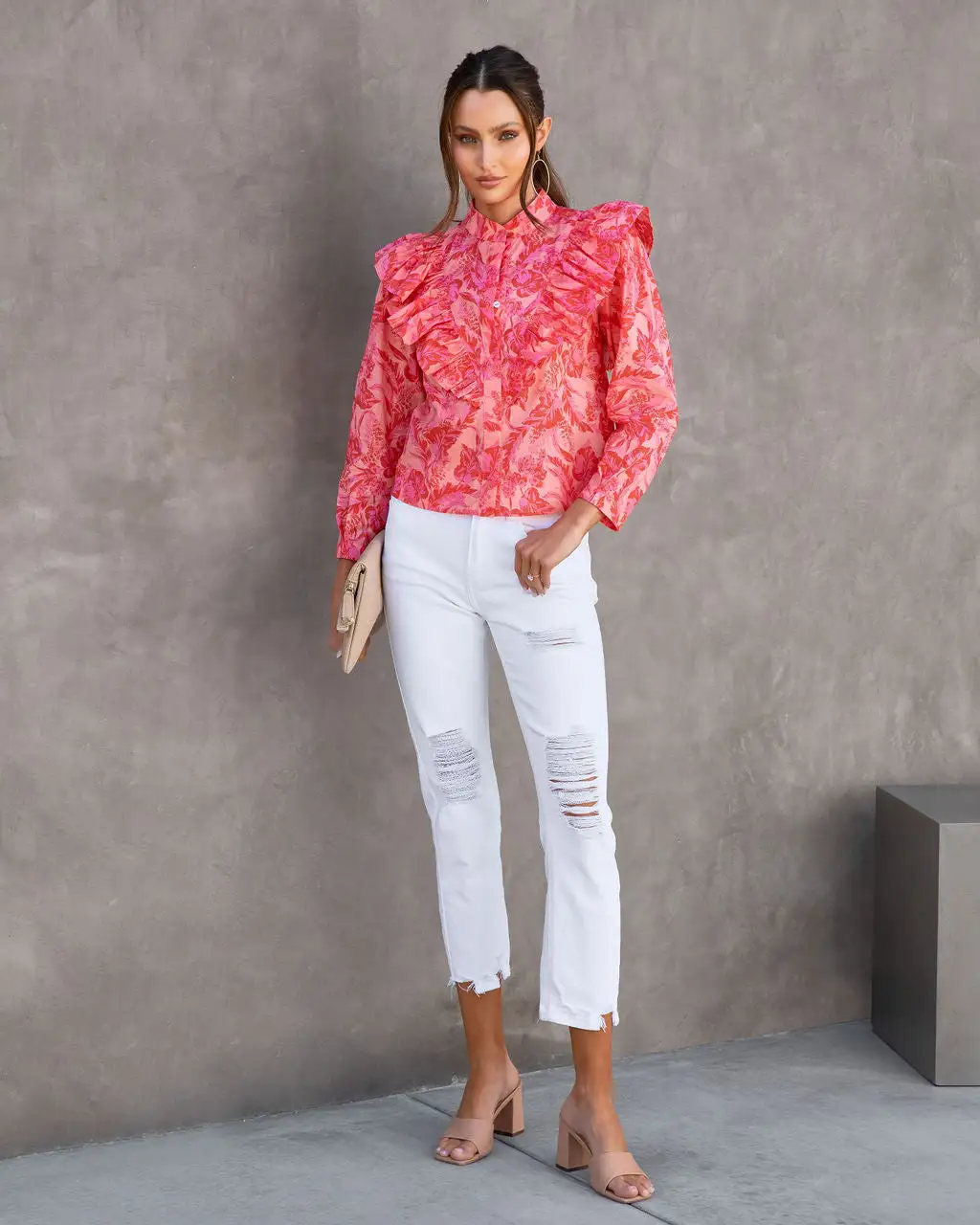 Kamila Floral Cotton Ruffle Button Down Top - Pink/Orange - FINAL SALE 3 Kamila Floral Cotton Ruffle Button Down Top - Pink/Orange - FINAL SALE - Image 3