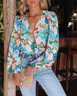 SKYL-002 Kamyla Floral Drape Bodysuit - Mint Multi - FINAL SALE -clothes Sales KamylaFloralDrapeBodysuitMintMulti63