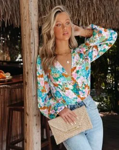 SKYL-002 Kamyla Floral Drape Bodysuit - Mint Multi - FINAL SALE -clothes Sales KamylaFloralDrapeBodysuitMintMulti98