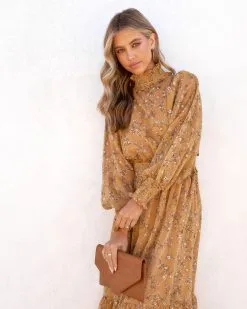 Kassandra Flora Smocked Mock Neck Midi Dress - Mustard - SALE 12 Kassandra Flora Smocked Mock Neck Midi Dress - Mustard - SALE -clothes Sales KassandraFloraSmockedMockNeckMidiDressMustard 100