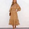 Kassandra Flora Smocked Mock Neck Midi Dress - Mustard - SALE