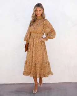 Kassandra Flora Smocked Mock Neck Midi Dress - Mustard - SALE