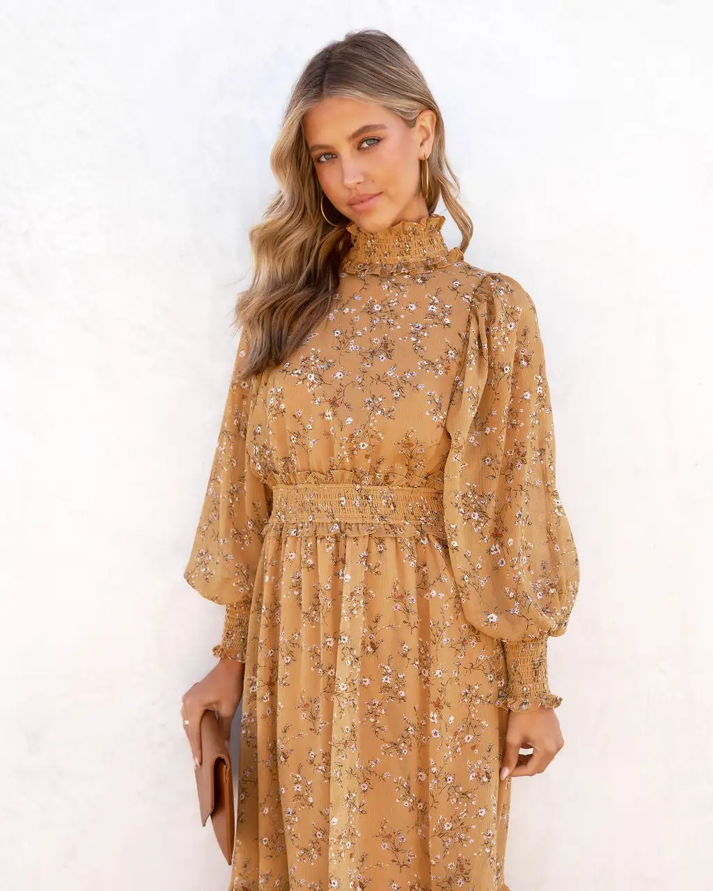 Kassandra Flora Smocked Mock Neck Midi Dress - Mustard - SALE 2 Kassandra Flora Smocked Mock Neck Midi Dress - Mustard - SALE - Image 2