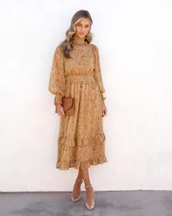 Kassandra Flora Smocked Mock Neck Midi Dress - Mustard - SALE 9 Kassandra Flora Smocked Mock Neck Midi Dress - Mustard - SALE -clothes Sales KassandraFloraSmockedMockNeckMidiDressMustard 57