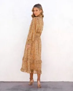 Kassandra Flora Smocked Mock Neck Midi Dress - Mustard - SALE 10 Kassandra Flora Smocked Mock Neck Midi Dress - Mustard - SALE -clothes Sales KassandraFloraSmockedMockNeckMidiDressMustard 72