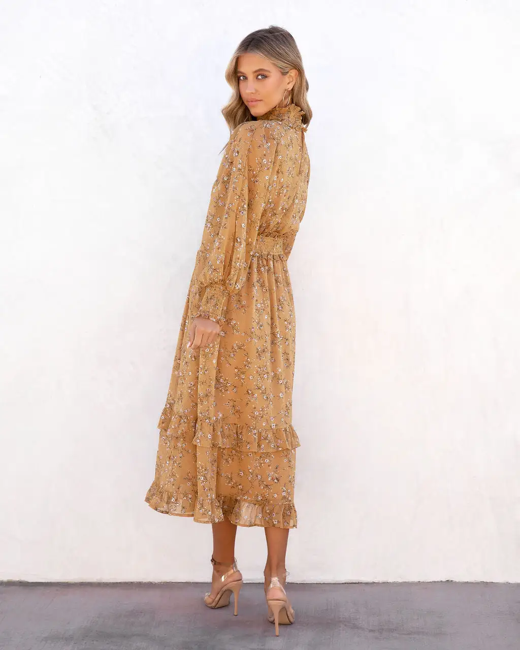 Kassandra Flora Smocked Mock Neck Midi Dress - Mustard - SALE 4 Kassandra Flora Smocked Mock Neck Midi Dress - Mustard - SALE - Image 4