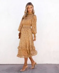 Kassandra Flora Smocked Mock Neck Midi Dress - Mustard - SALE 11 Kassandra Flora Smocked Mock Neck Midi Dress - Mustard - SALE -clothes Sales KassandraFloraSmockedMockNeckMidiDressMustard 87