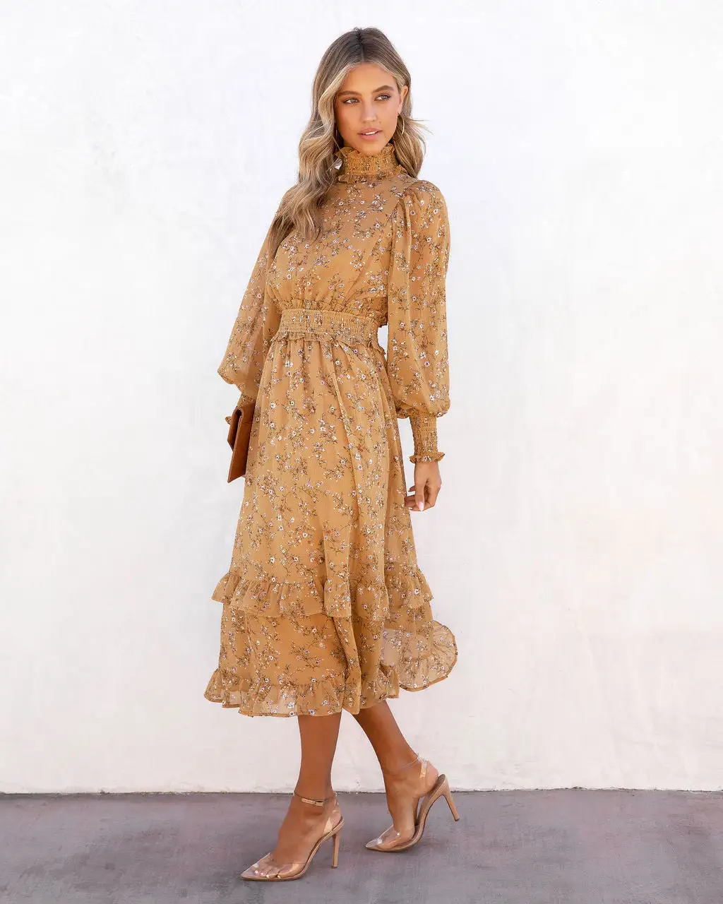 Kassandra Flora Smocked Mock Neck Midi Dress - Mustard - SALE 5 Kassandra Flora Smocked Mock Neck Midi Dress - Mustard - SALE - Image 5