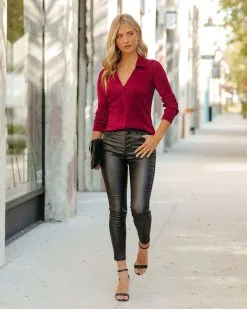 Kimora Collared Plisse Blouse - Wine - FINAL SALE -clothes Sales KimoraCollaredPlisseBlouseWine121