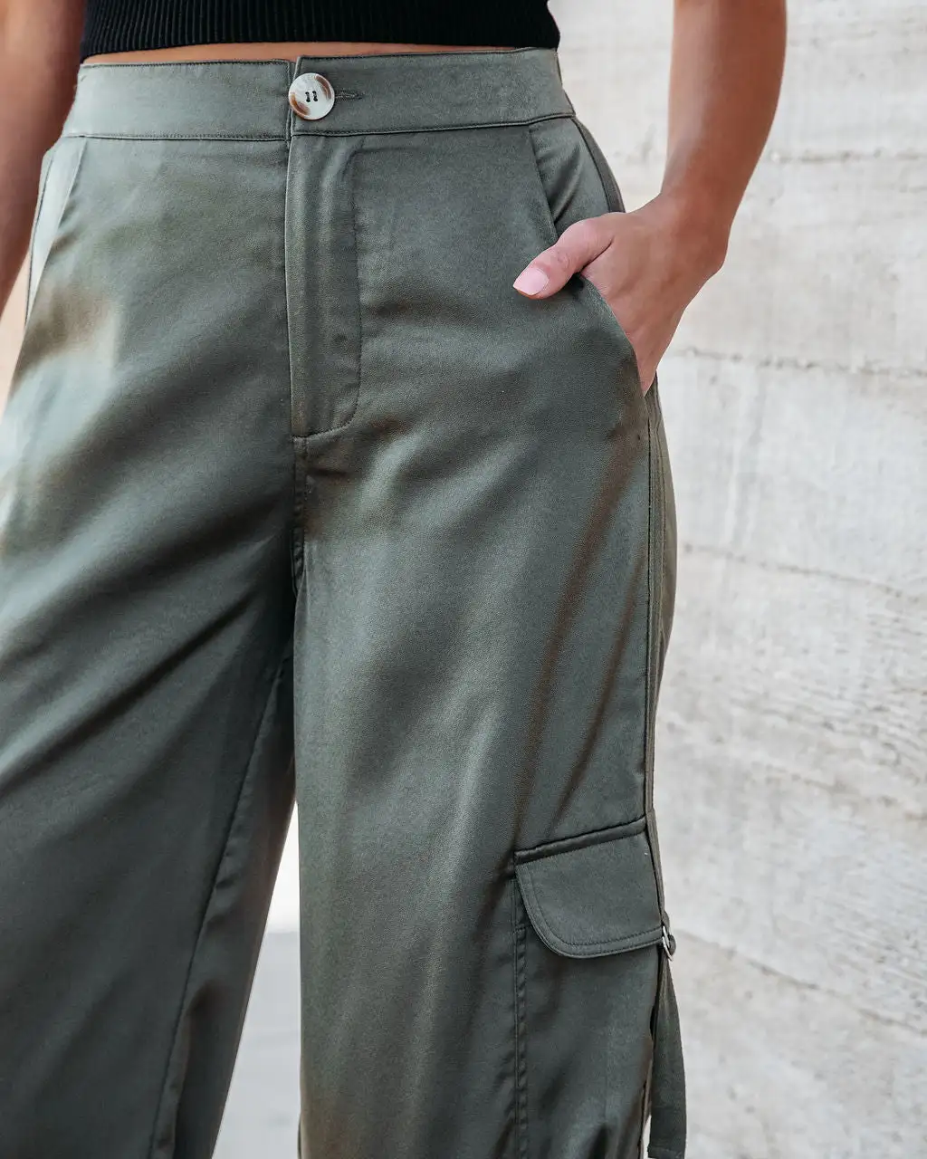 PROM-001 Never Impossible Satin Cargo Pants - Olive 2 PROM-001 Never Impossible Satin Cargo Pants - Olive - Image 2