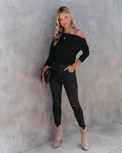 PROM-001 Larissa Ribbed Off The Shoulder Bodysuit - Black - FINAL SALE -clothes Sales LarissaRibbedOffTheShoulderBodysuitBlack2