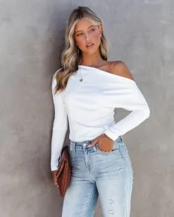 PROM-001 Larissa Ribbed Off The Shoulder Bodysuit - White - FINAL SALE