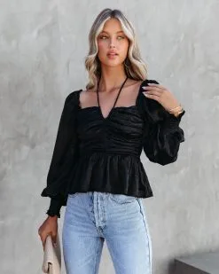 Let Me Be The One Satin Ruched Top - Black - FINAL SALE