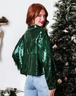MABL-001 Life Is A Fiesta Sequin Fringe Jacket - Green - FINAL SALE -clothes Sales Lifeisafiestasequinfringejacketgreen4