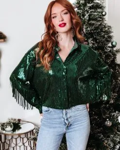 MABL-001 Life Is A Fiesta Sequin Fringe Jacket - Green - FINAL SALE