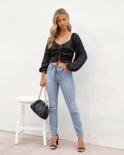 CHRY-001 Lila Grace Satin Lace Up Crop Top - Black - FINAL SALE -clothes Sales LilaGraceSatinLaceUpCropTopBlack1