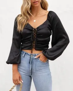 CHRY-001 Lila Grace Satin Lace Up Crop Top - Black - FINAL SALE -clothes Sales LilaGraceSatinLaceUpCropTopBlack43