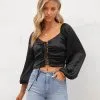 CHRY-001 Lila Grace Satin Lace Up Crop Top - Black - FINAL SALE