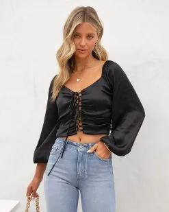 CHRY-001 Lila Grace Satin Lace Up Crop Top - Black - FINAL SALE