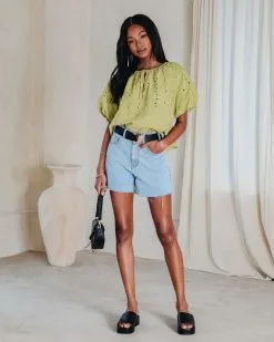 Linda Lou Cotton Floral Embroidered Puff Sleeve Top - Avocado - SALE -clothes Sales Lindaloucottonfloralemroideredpuffsleevetopavocado1822