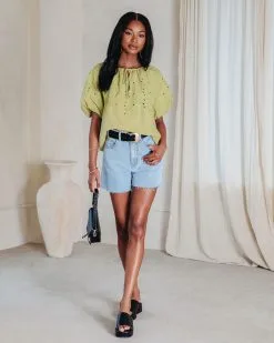 Linda Lou Cotton Floral Embroidered Puff Sleeve Top - Avocado - SALE -clothes Sales Lindaloucottonfloralemroideredpuffsleevetopavocado1836