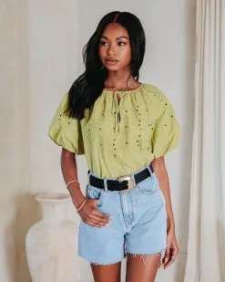 Linda Lou Cotton Floral Embroidered Puff Sleeve Top - Avocado - SALE -clothes Sales Lindaloucottonfloralemroideredpuffsleevetopavocado1900