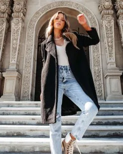 ACOA-001 Living And Dreaming Pocketed Teddy Coat - Black - FINAL SALE -clothes Sales Livinganddreamingpocketedteddycoatblack 1