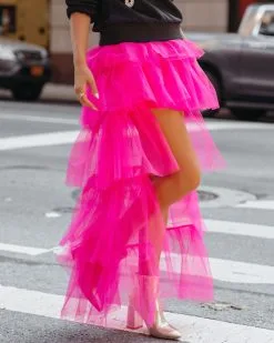 STRU-001 Liza High Low Tiered Tulle Maxi Skirt - Fuchsia - FINAL SALE -clothes Sales LizaHighLowTieredTulleMaxiSkirtFuchsia195
