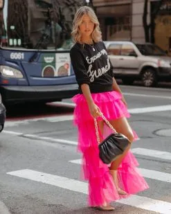STRU-001 Liza High Low Tiered Tulle Maxi Skirt - Fuchsia - FINAL SALE -clothes Sales LizaHighLowTieredTulleMaxiSkirtFuchsia227