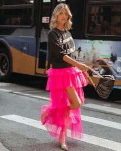 STRU-001 Liza High Low Tiered Tulle Maxi Skirt - Fuchsia - FINAL SALE -clothes Sales LizaHighLowTieredTulleMaxiSkirtFuchsia239