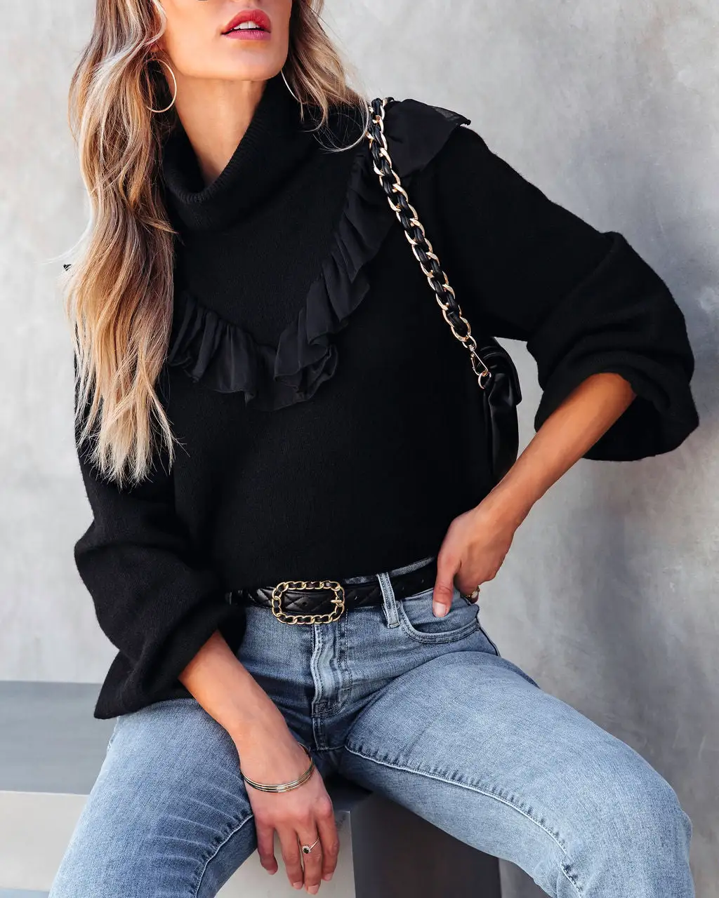 Lyric Ruffle Crop Turtleneck Sweater - Black - FINAL SALE 1 Lyric Ruffle Crop Turtleneck Sweater - Black - FINAL SALE