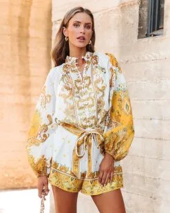 Luxurious Escape Printed Balloon Sleeve Button Down Top - FINAL SALE