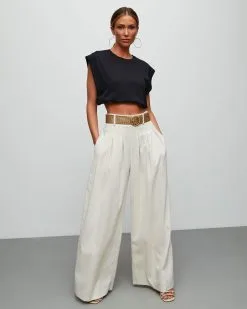 Leray Belted Pocketed Pants - Oatmeal