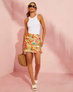 PROM-001 Livia Satin Mini Skirt –Orange Multi 