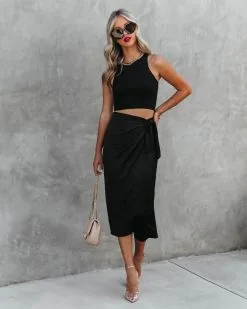 TYCH-001 Magda Wrap Midi Skirt - Black - FINAL SALE