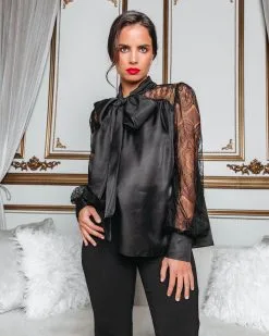 Memory Lane Strolls Lace Neck Tie Top - Black - FINAL SALE