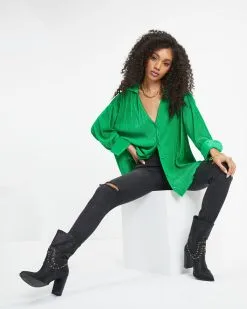 Milan Plisse Button Down Top - Emerald - FINAL SALE