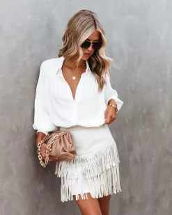 BLUE-001 Most Wanted Fringe Faux Leather Skirt - Bone - FINAL SALE