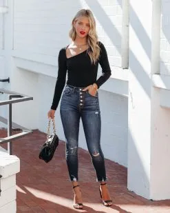 LUSH-001 My Own Muse Asymmetrical Neck Bodysuit - Black - FINAL SALE