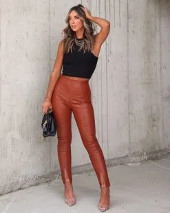 VERY-001 Tell Me About It Stud Faux Leather Split Hem Pants - Camel - FINAL SALE