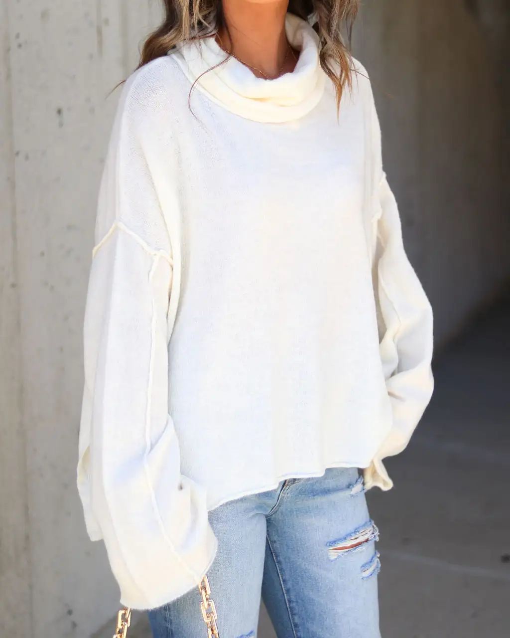 DRES-001 Unfinished Biz Knit Turtleneck Pullover Sweater - Cream - FINAL SALE 6 DRES-001 Unfinished Biz Knit Turtleneck Pullover Sweater - Cream - FINAL SALE - Image 6